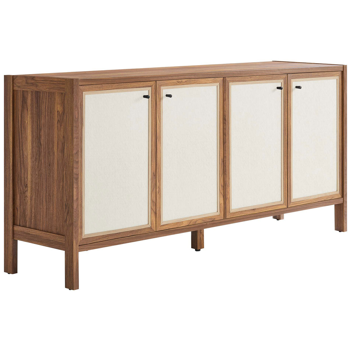 Walnut Capri sideboard with four cream linen-textured doors and slender wood legs. || EEI-6616-WAL || front_angle_studio