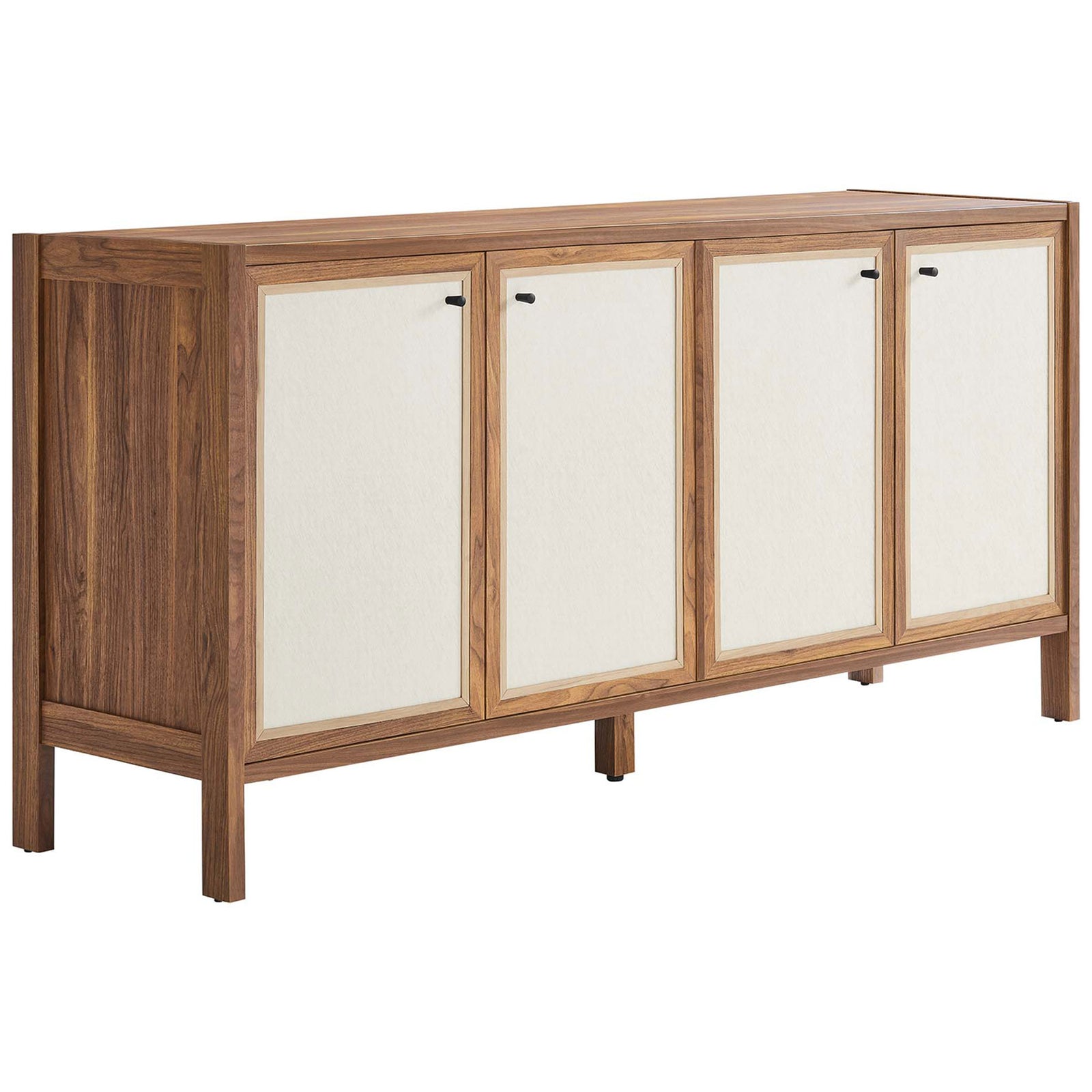 Walnut Capri sideboard with four cream linen-textured doors and slender wood legs. || EEI-6616-WAL || front_angle_studio