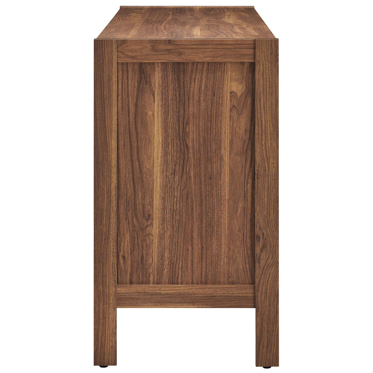 Side profile of the walnut sideboard highlighting clean lines and rich wood grain finish. || EEI-6616-WAL || side_studio