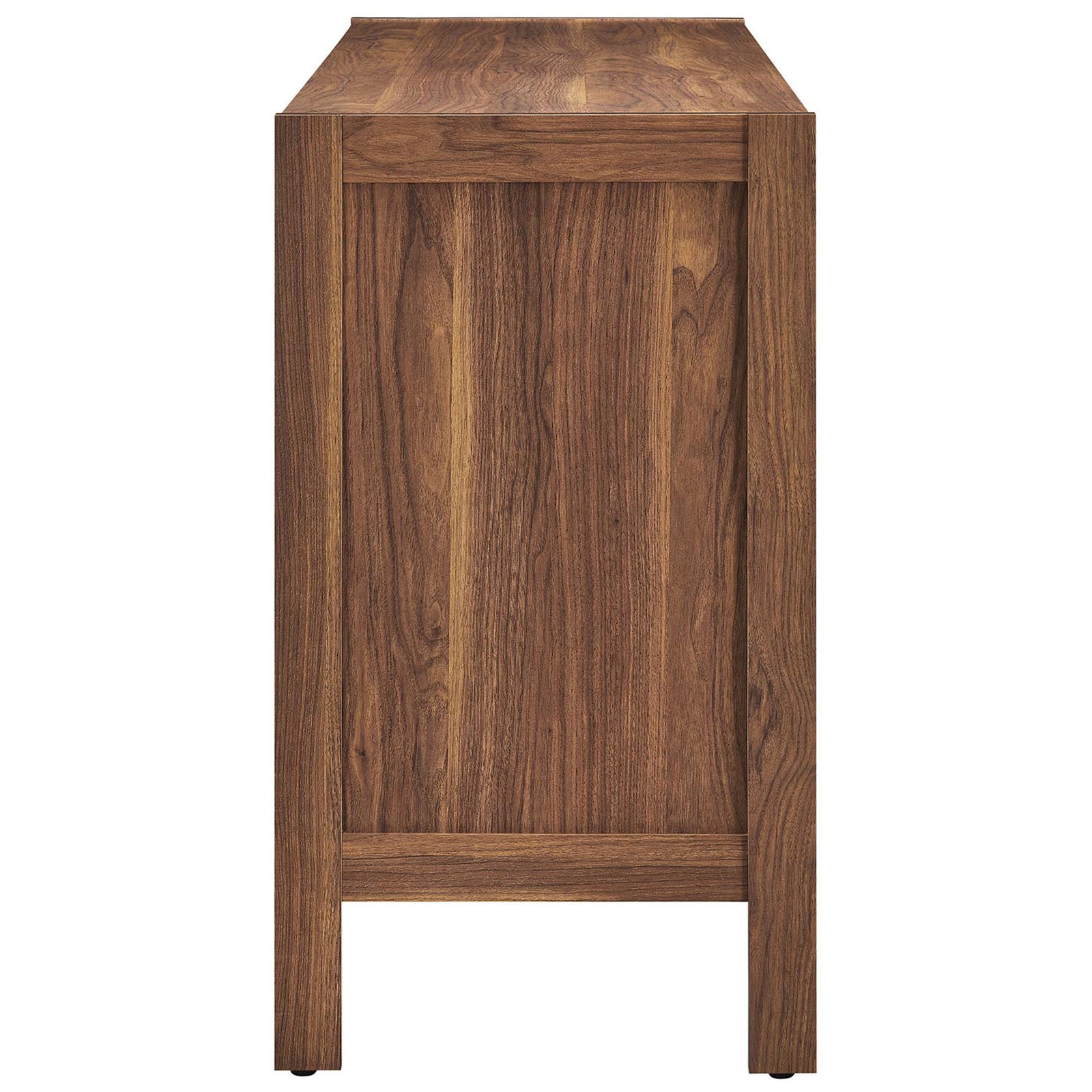 Side profile of the walnut sideboard highlighting clean lines and rich wood grain finish. || EEI-6616-WAL || side_studio