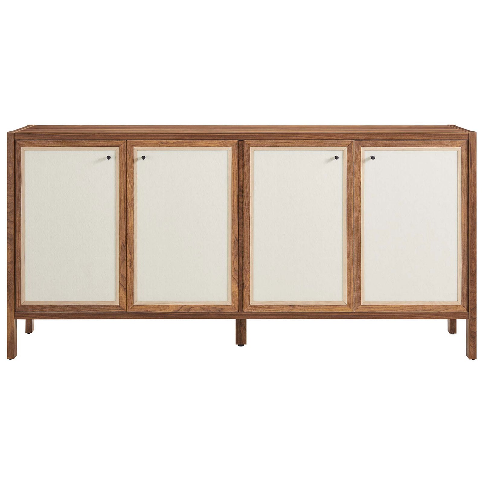 Four-door walnut sideboard with cream linen-style panels and minimalist black knob pulls. || EEI-6616-WAL || front_studio