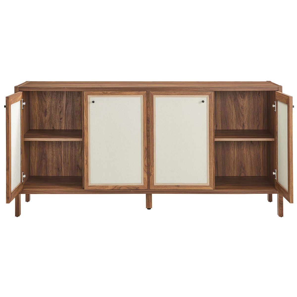 Walnut sideboard with outer doors open to reveal two spacious adjustable storage shelves. || EEI-6616-WAL || front_open_studio