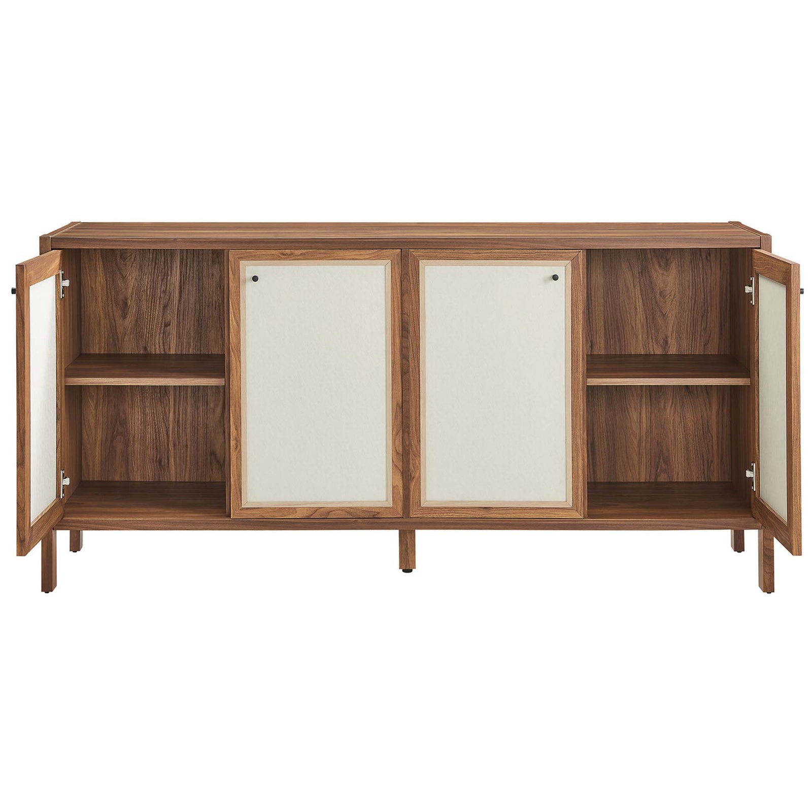 Walnut sideboard with outer doors open to reveal two spacious adjustable storage shelves. || EEI-6616-WAL || front_open_studio