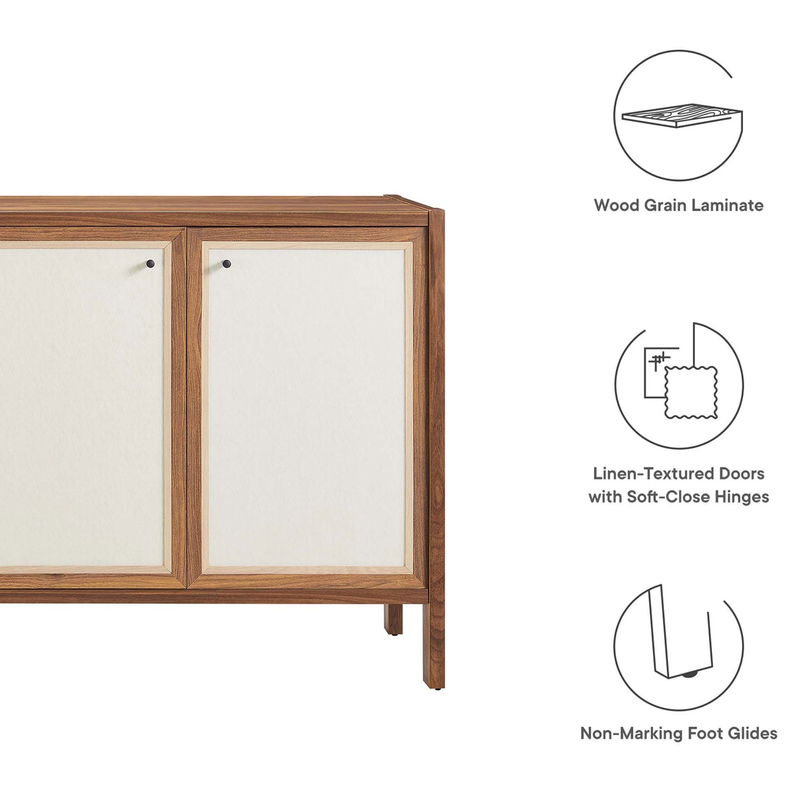 Feature graphic highlighting wood grain laminate, linen-textured doors, and non-marking foot glides. || EEI-6616-WAL || callout_studio