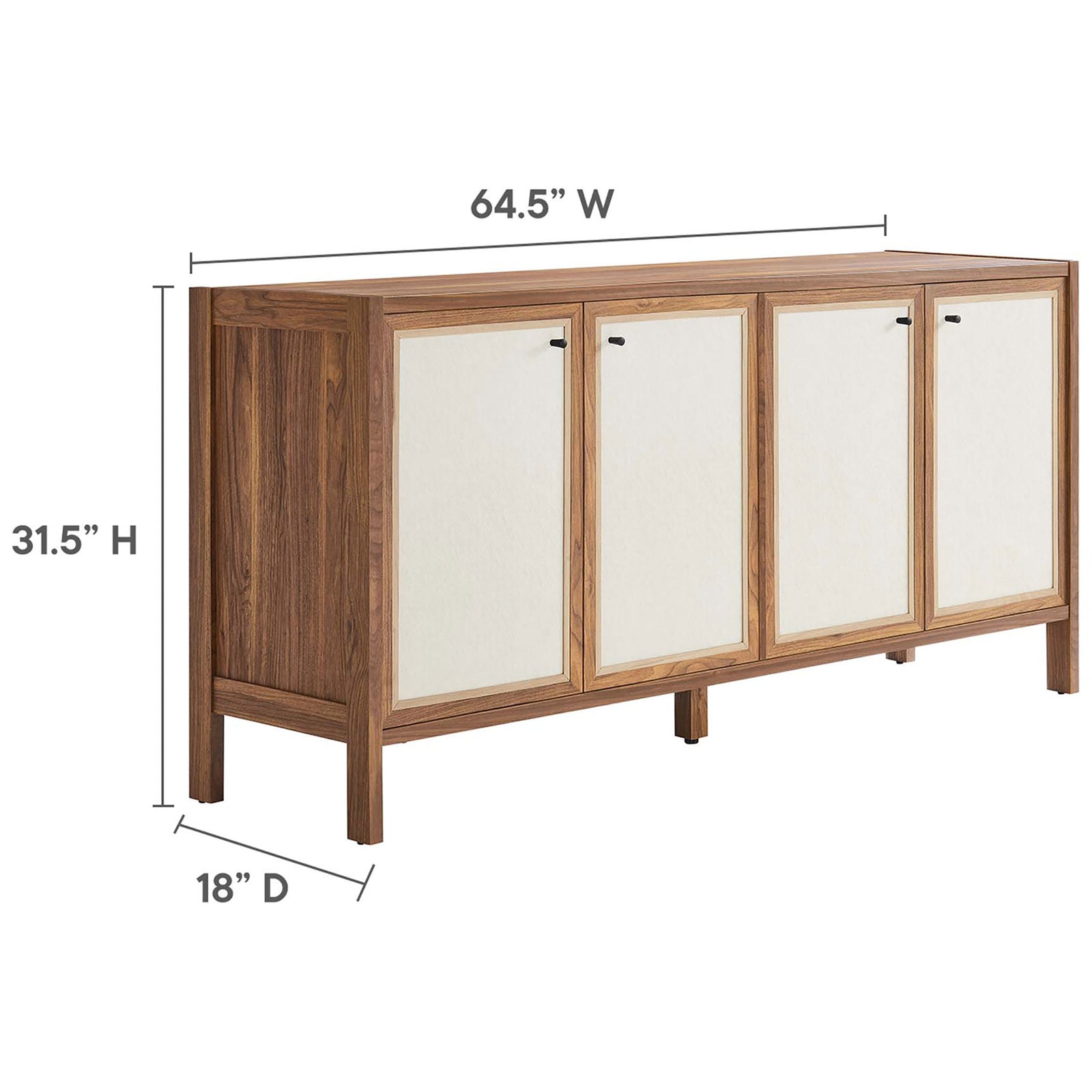 Dimensional view of the Capri sideboard showing overall width, height, and depth measurements. || EEI-6616-WAL || dimension_studio