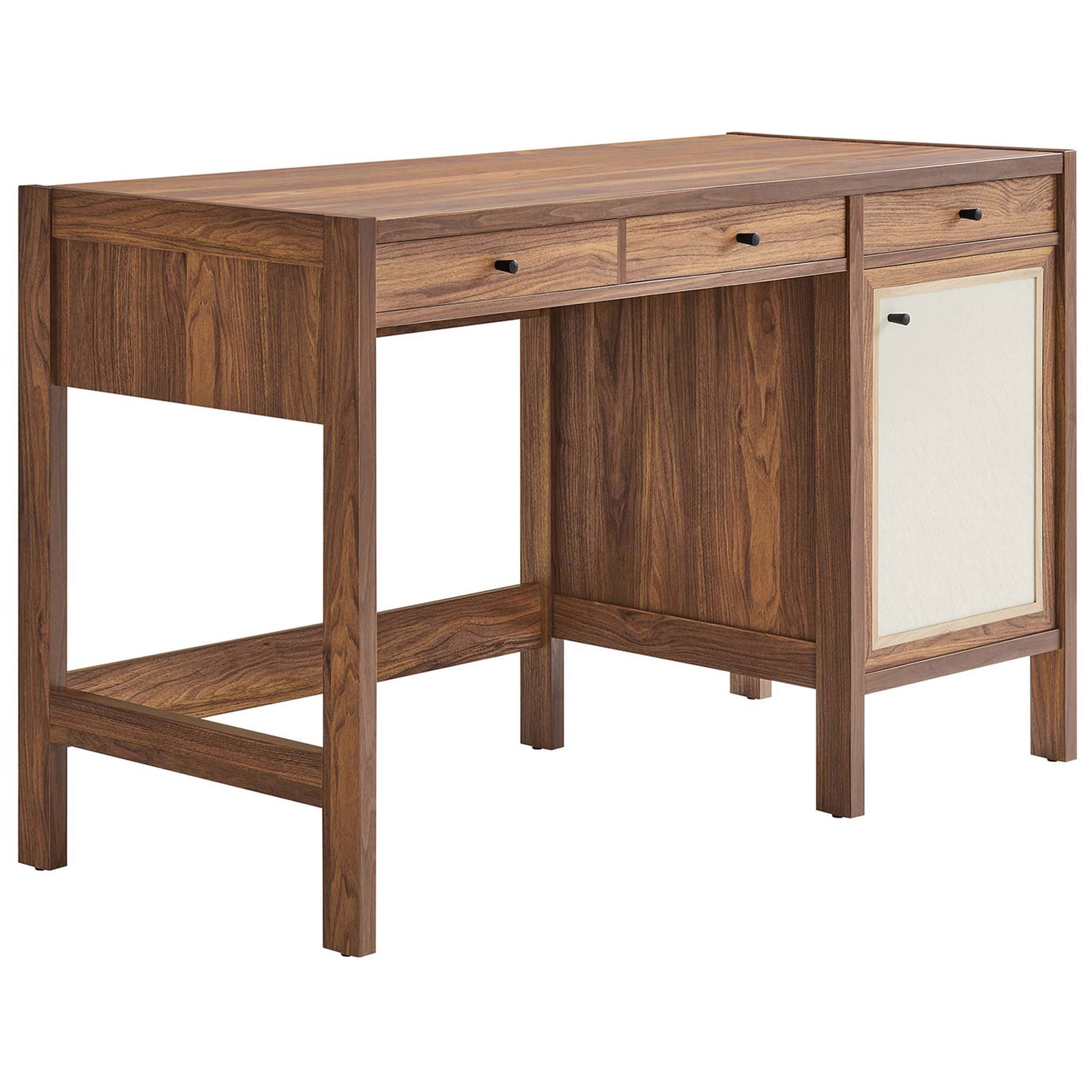 Desk features three slim drawers and a linen-textured right cabinet in rich walnut grain. || EEI-6617-WAL || front_angle_studio