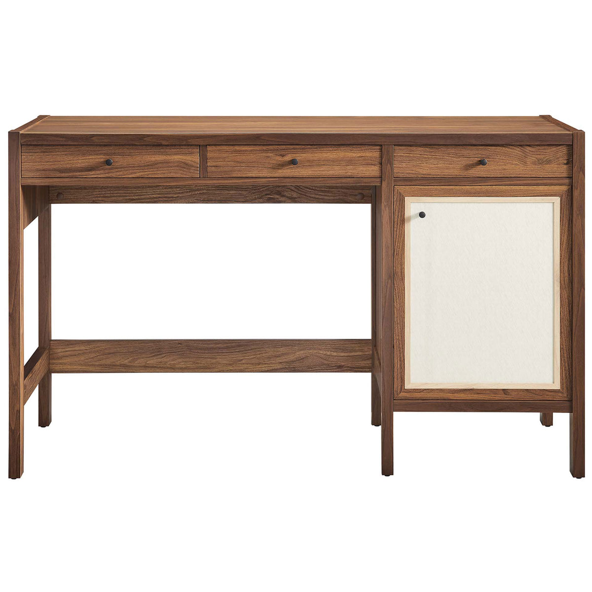 Clean front with three drawers and a linen-textured cabinet door for balanced storage and style. || EEI-6617-WAL || front_studio