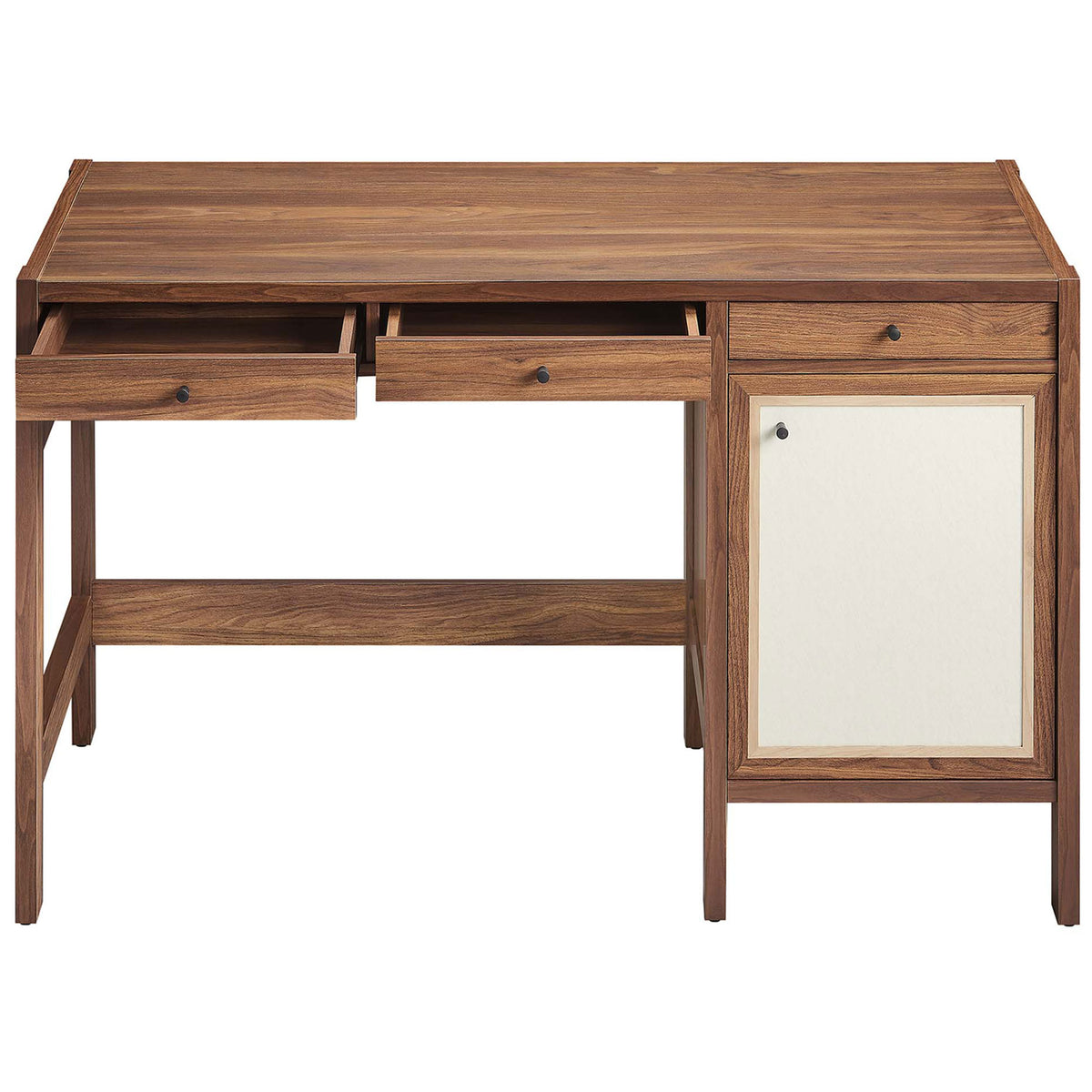 Smooth desktop with three drawers pulled out for easy access to everyday essentials. || EEI-6617-WAL || front_open_studio