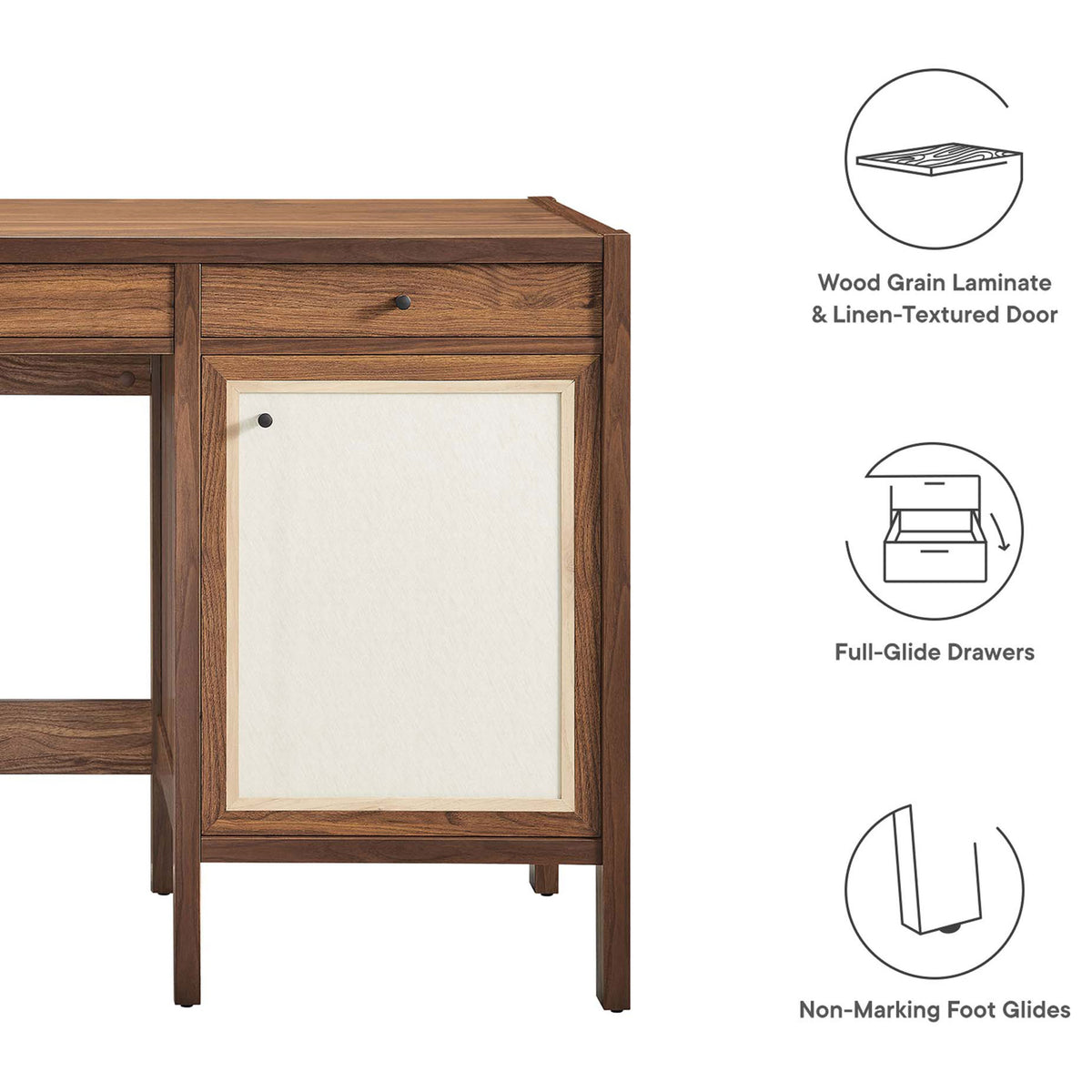 Key features highlighted: wood grain finish, full-glide drawers, and floor-safe glides. || EEI-6617-WAL || callout_studio