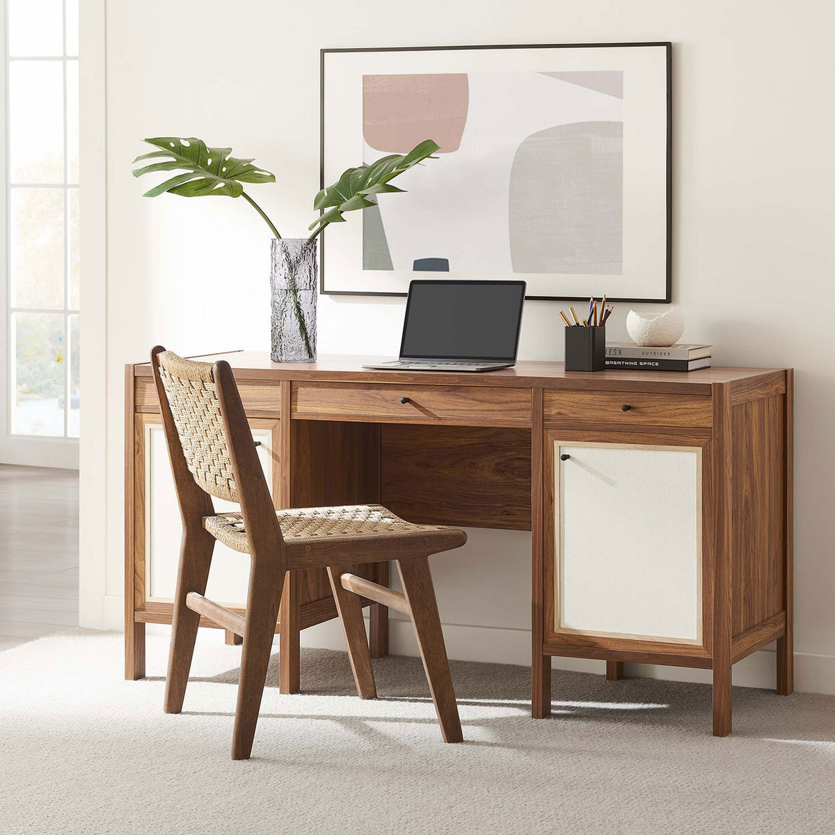 Warm walnut desk elevates your workspace with concealed cabinets and streamlined storage || EEI-6618-WAL || front_angle_room