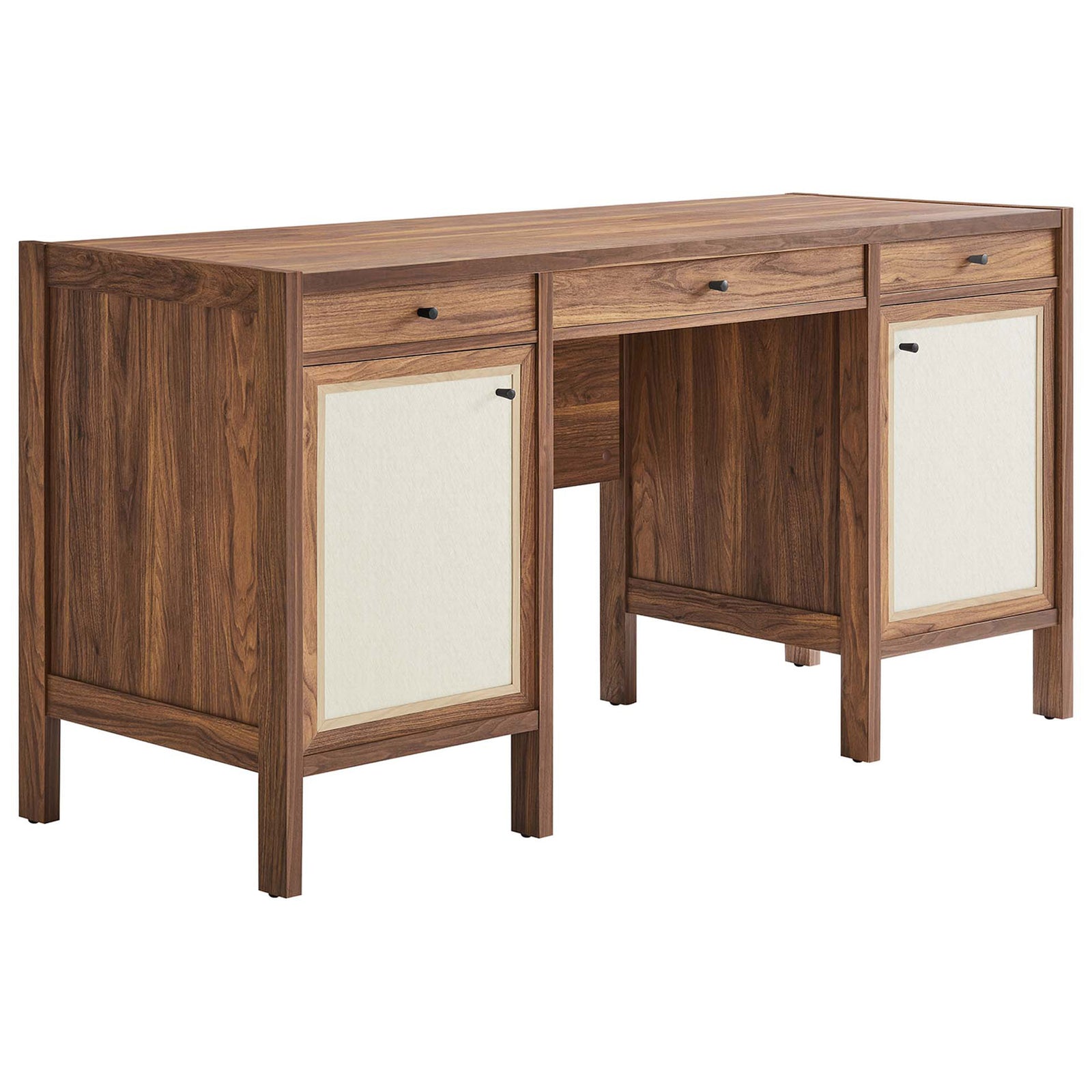 Walnut desk with linen-textured cabinet doors and three drawers for sleek, organized workspace || EEI-6618-WAL || front_angle_studio