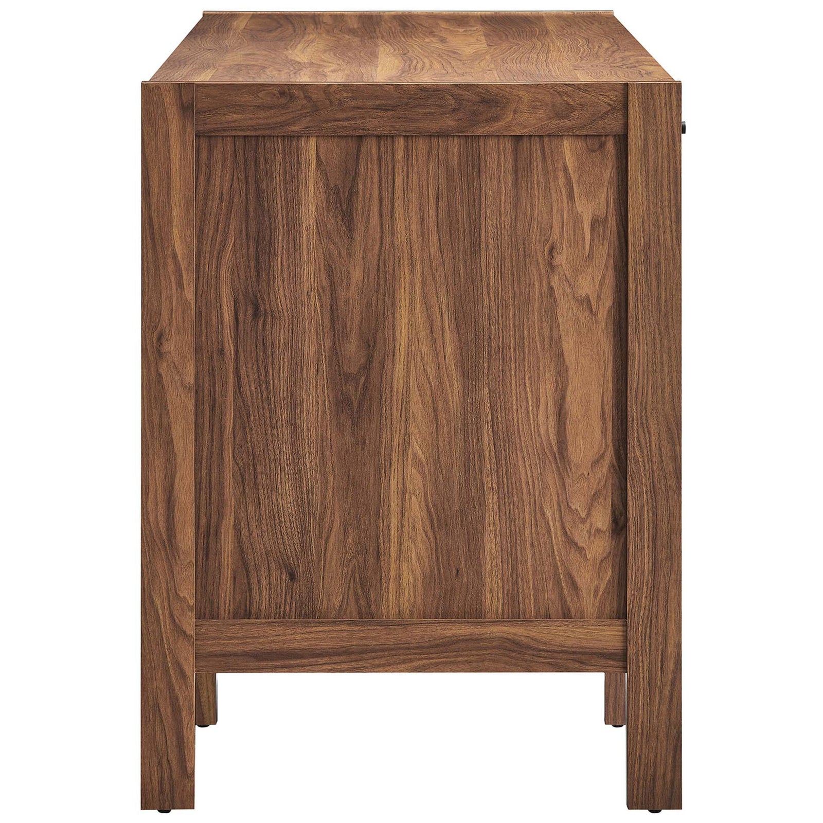 Rich walnut wood grain panels and clean lines showcase the desk's mid-century profile || EEI-6618-WAL || side_studio