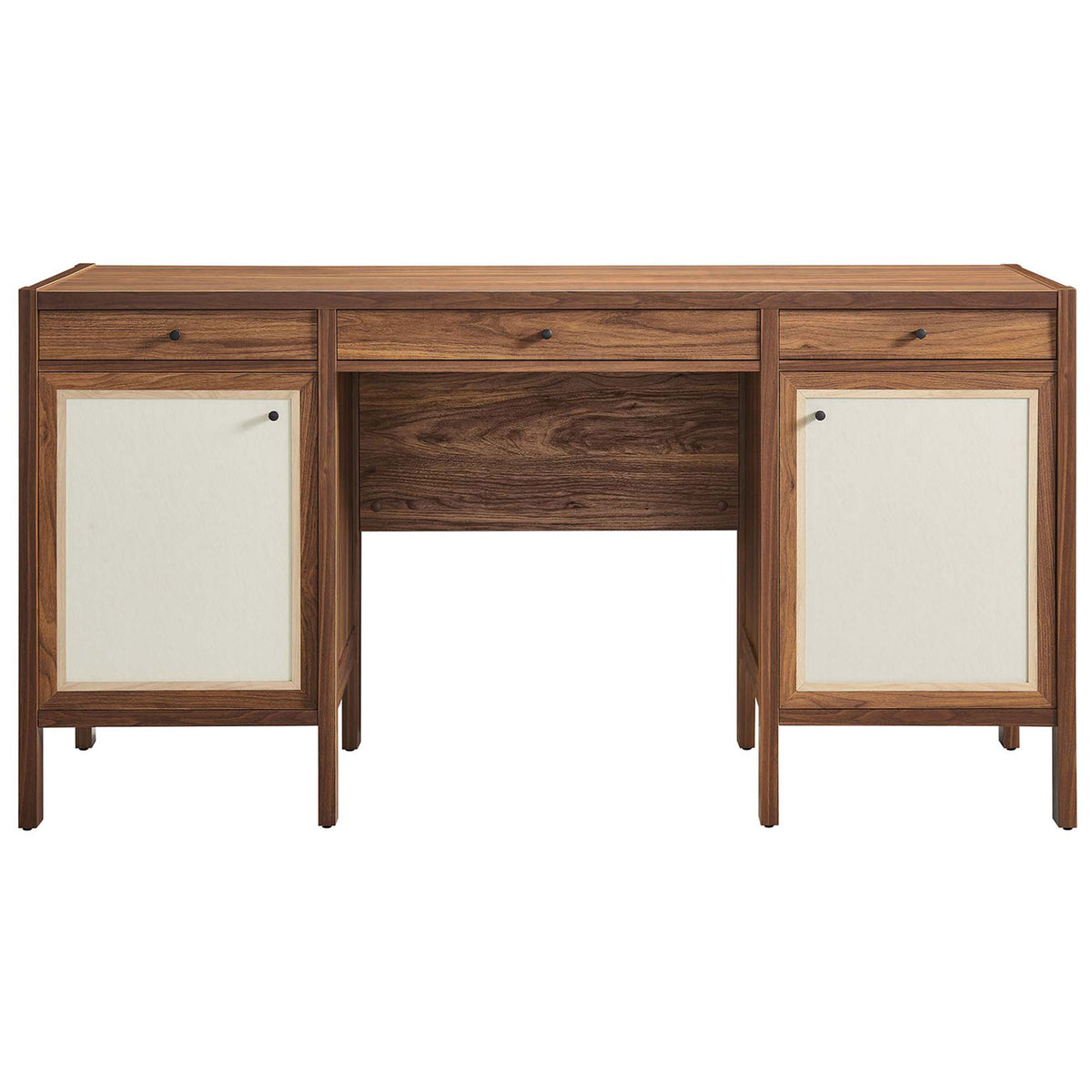 Spacious 58-inch desk with two cabinet doors and three drawers in warm walnut finish || EEI-6618-WAL || front_studio