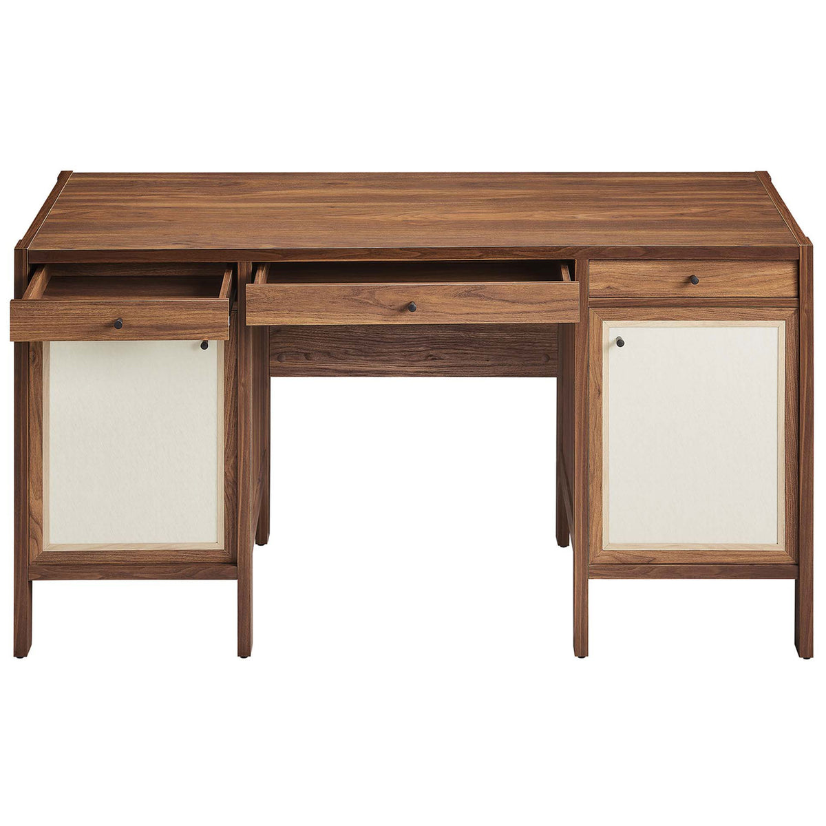 Broad, durable walnut work surface with smooth-glide drawers ready for daily use || EEI-6618-WAL || front_open_studio