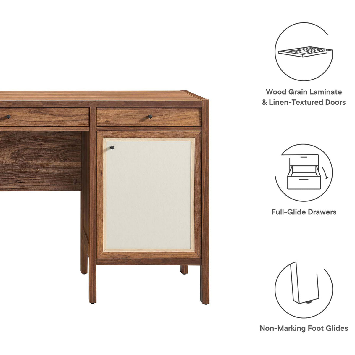 Key features include wood grain laminate, linen-textured doors, full-glide drawers, and floor-safe glides || EEI-6618-WAL || callout_studio