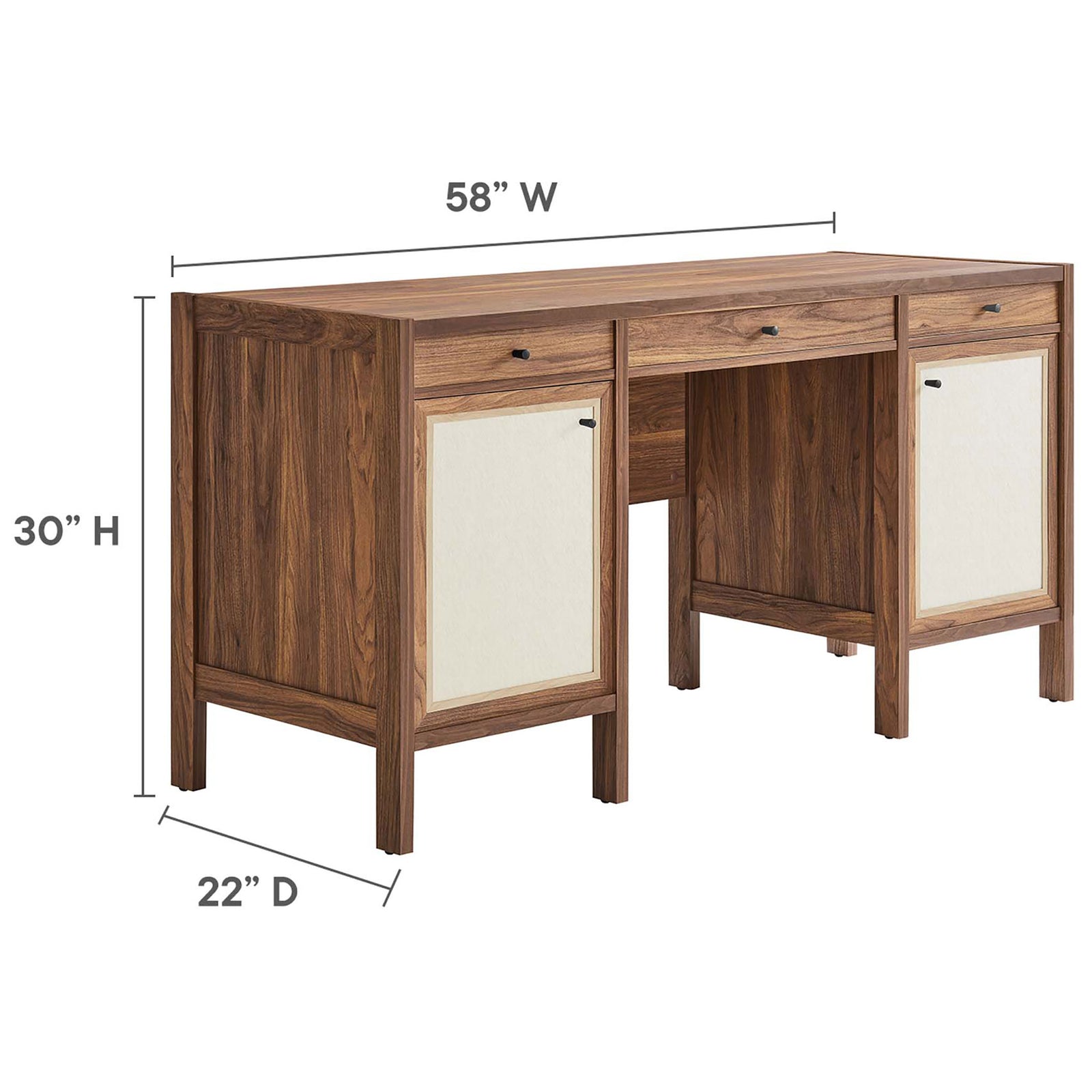 Overall dimensions: 58 in. W x 22 in. D x 30 in. H in a streamlined, wood grain design || EEI-6618-WAL || dimension_studio