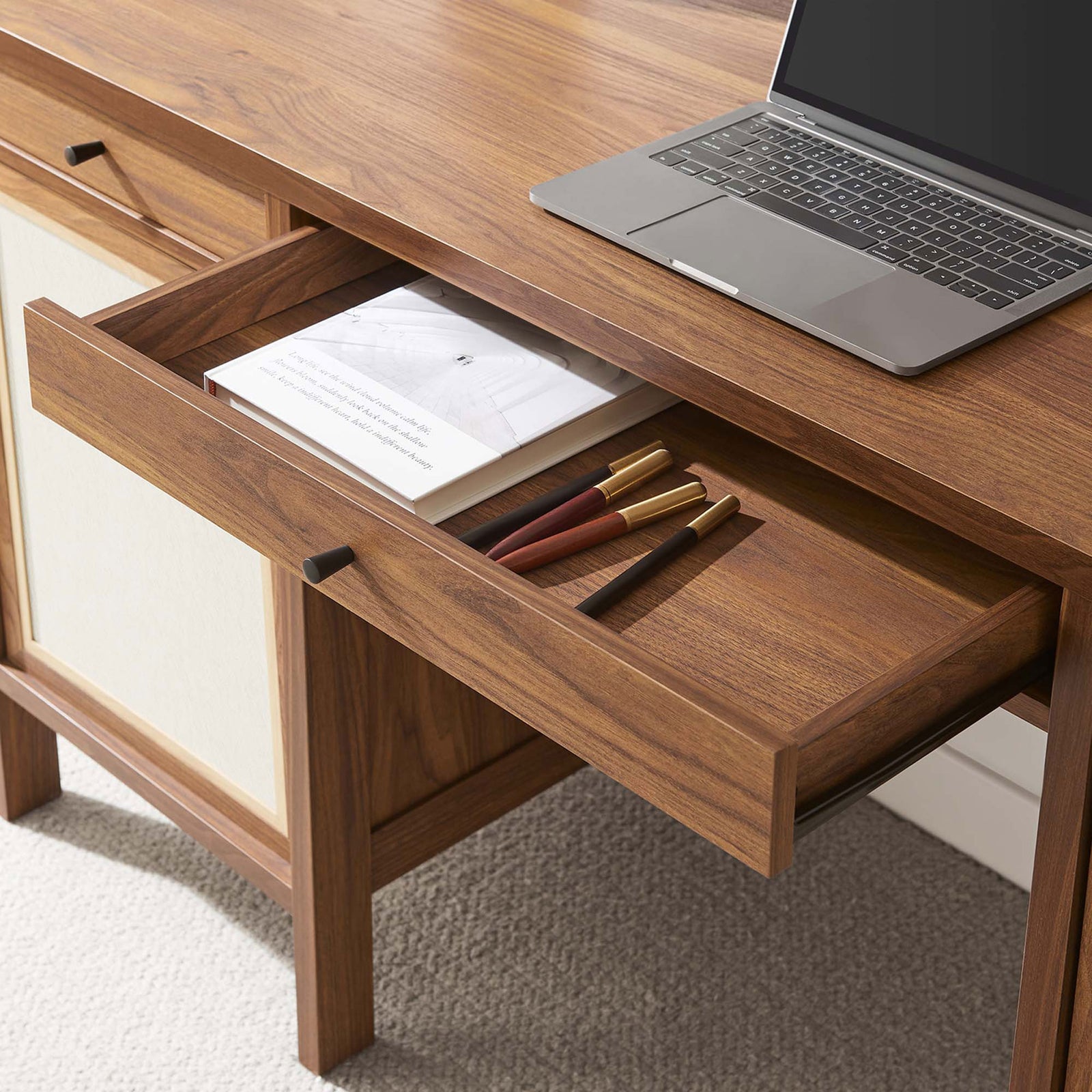 A smooth-glide drawer keeps essentials close at hand while you work || EEI-6618-WAL || storage_open_room
