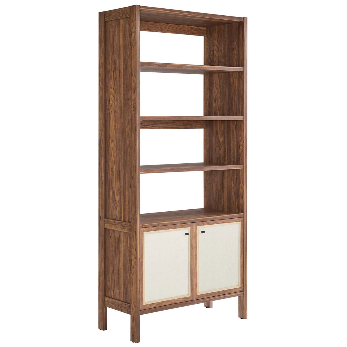 Walnut wood grain bookcase with four open shelves and dual linen-textured cabinet doors || EEI-6619-WAL || front_angle_studio