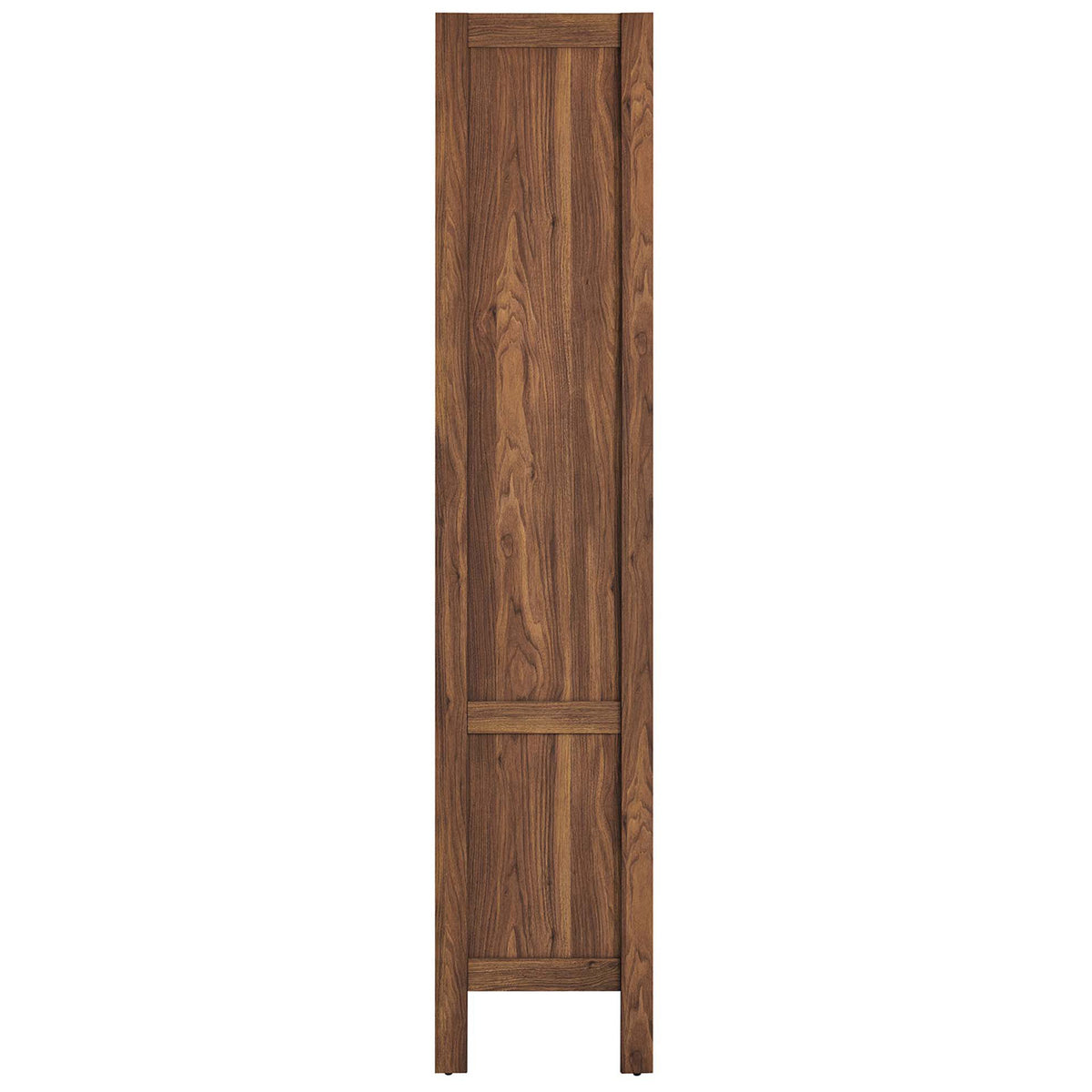 Slim profile walnut bookcase with clean lines and wood grain detail along the frame || EEI-6619-WAL || side_studio