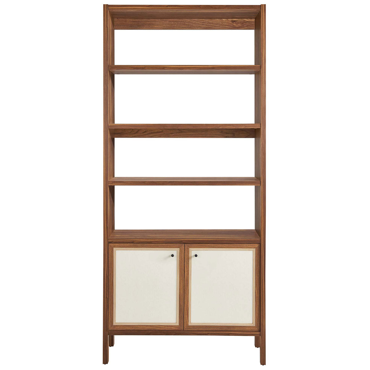 Tall walnut bookcase showcasing four spacious shelves and two fabric-look doors with round pulls || EEI-6619-WAL || front_studio