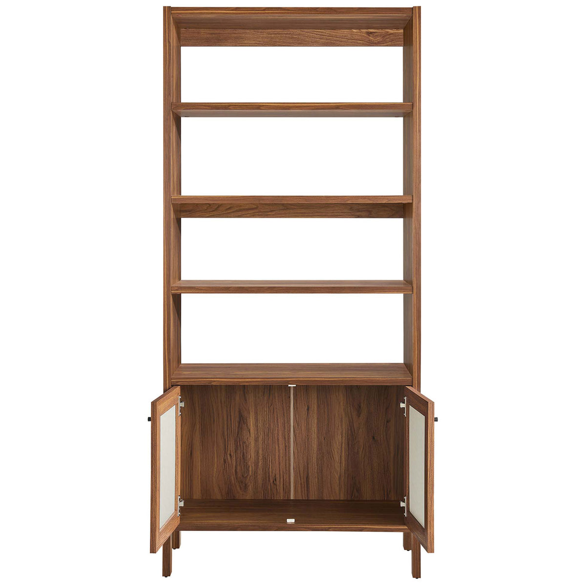 Roomy walnut cabinet opens to reveal concealed storage beneath four sturdy display shelves || EEI-6619-WAL || front_open_studio