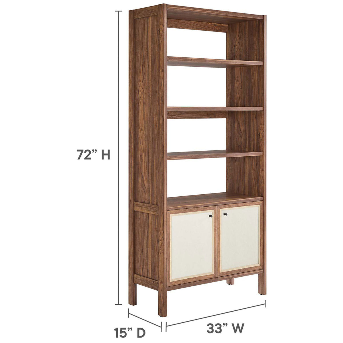 Space-savvy bookcase stands 72 inches tall with a 33 inch width and a 15 inch depth || EEI-6619-WAL || dimension_studio