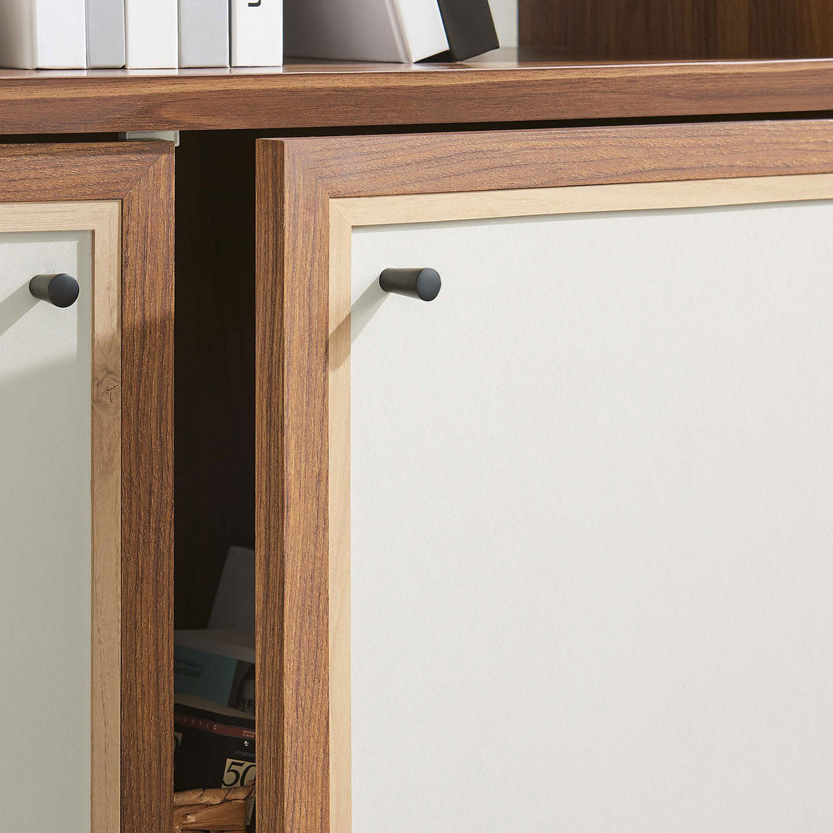Crisp frame detailing with matching round knobs complements the light, linen-like door panels || EEI-6619-WAL || detail_room