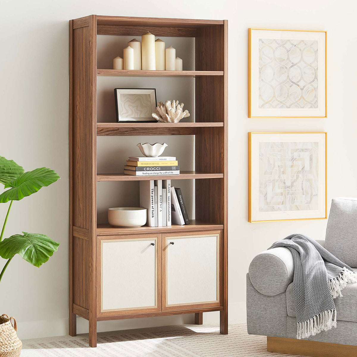 Warm walnut finish and styled shelving bring modern organic charm to living spaces || EEI-6619-WAL || front_angle_room