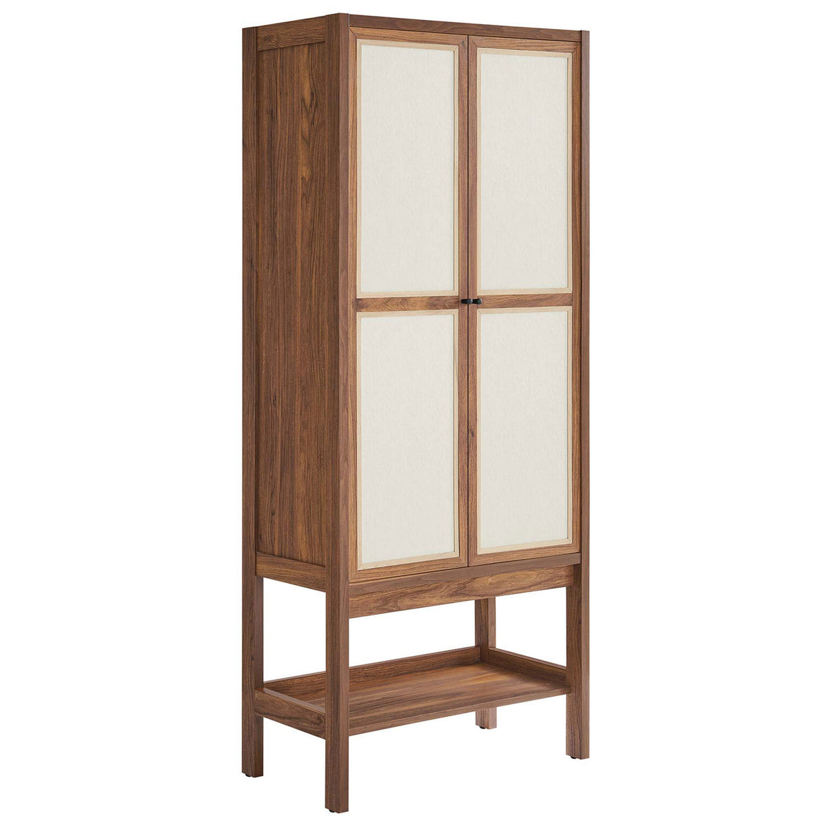 Slim walnut storage cabinet on tall legs with cream linen-look doors for streamlined small-space storage || EEI-6620-WAL || front_angle_studio