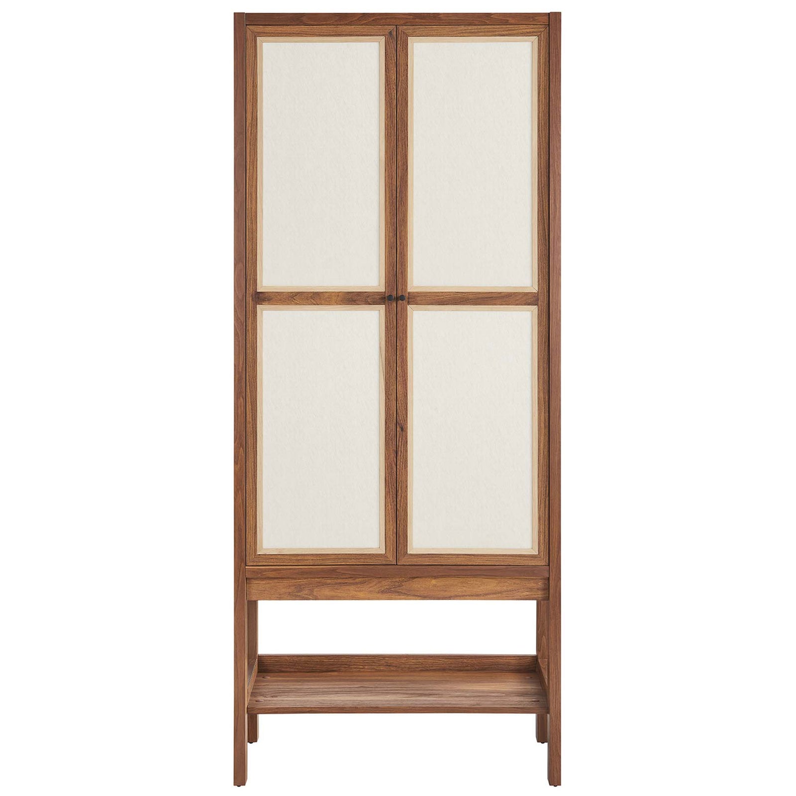 Tall walnut cabinet with linen-textured double doors and open lower shelf for stylish vertical storage || EEI-6620-WAL || front_studio