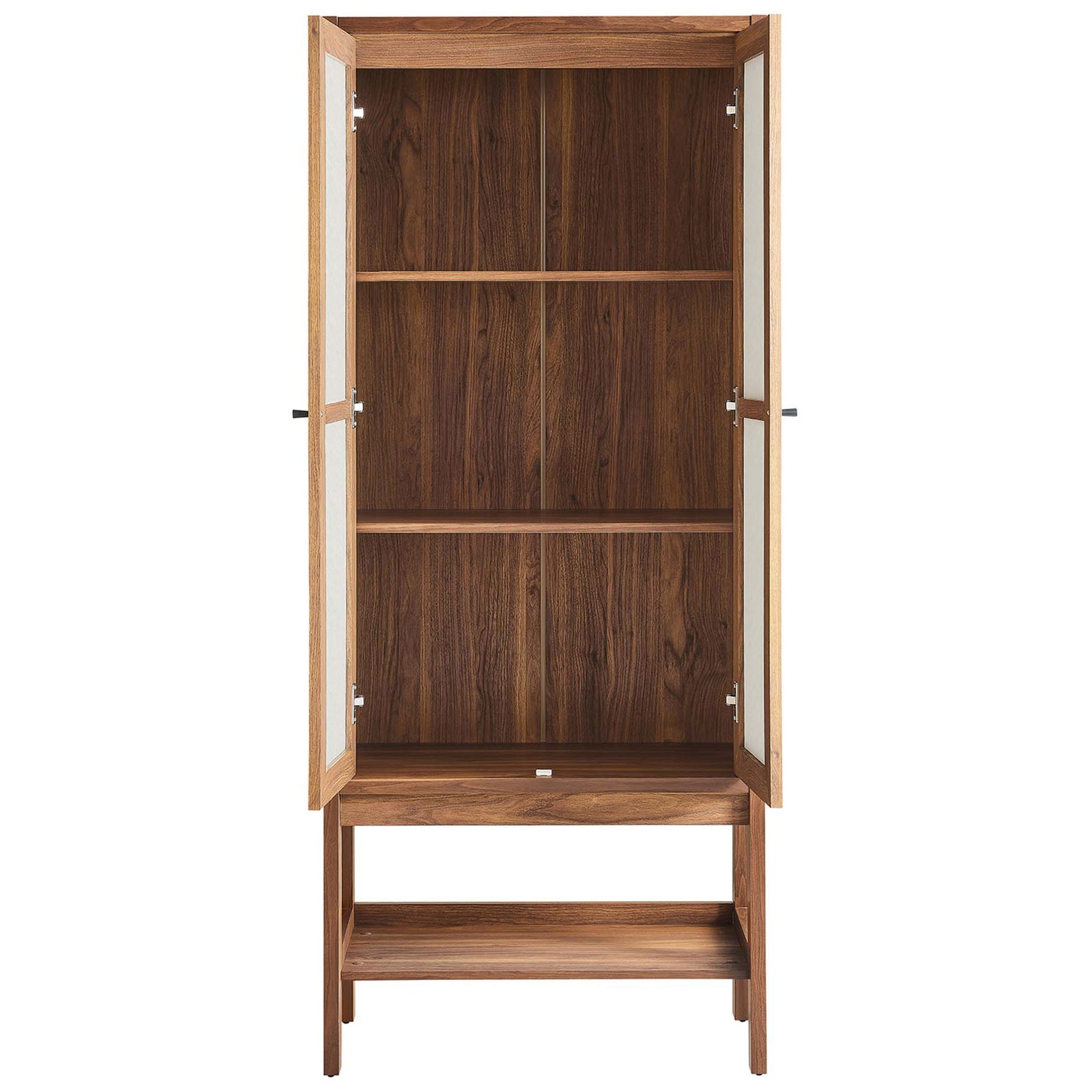 Capri cabinet with both doors open revealing spacious wood grain shelves for pantry or living room storage || EEI-6620-WAL || front_open_studio