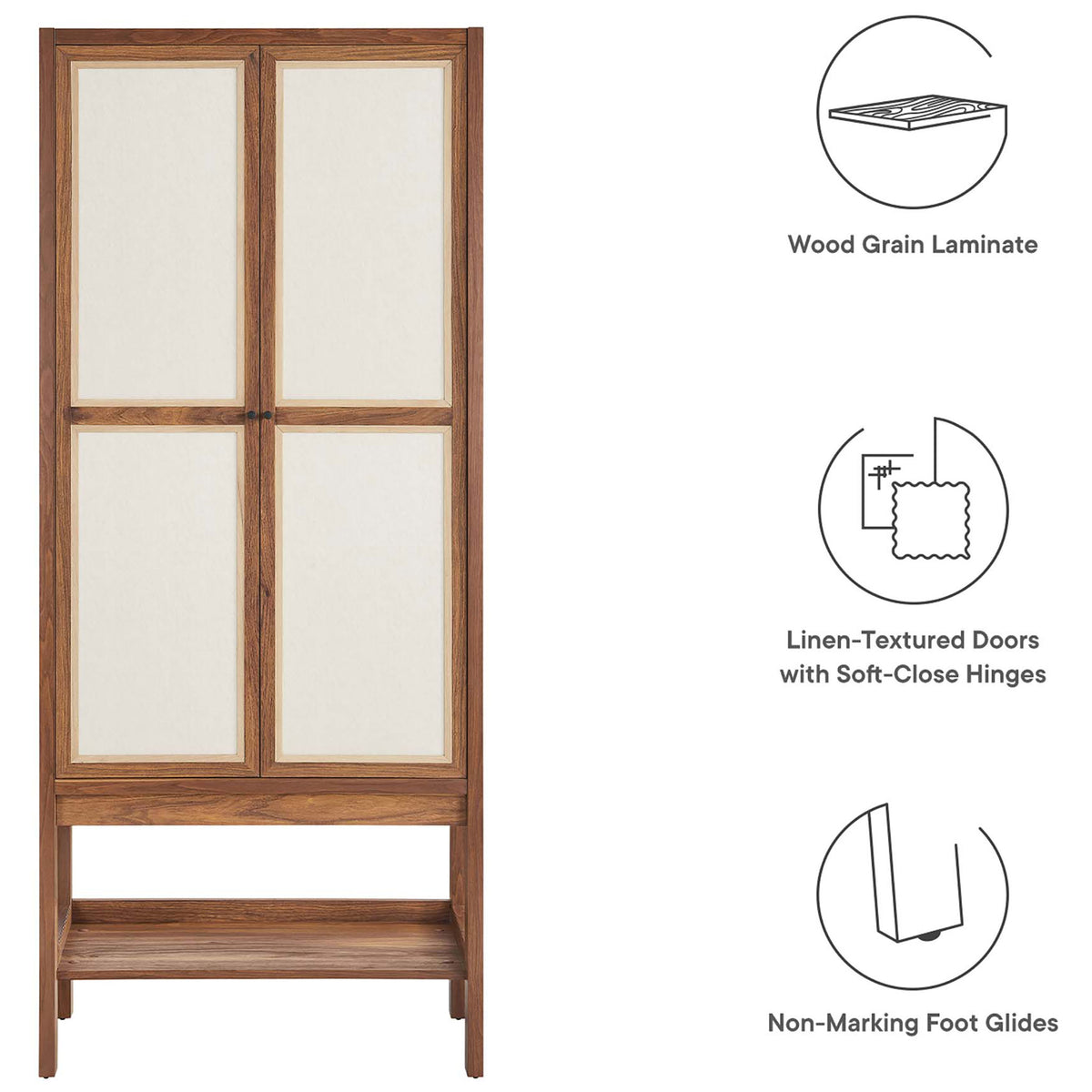 Feature view of Capri cabinet with icons calling out wood grain laminate, linen doors, and floor-safe glides || EEI-6620-WAL || callout_studio
