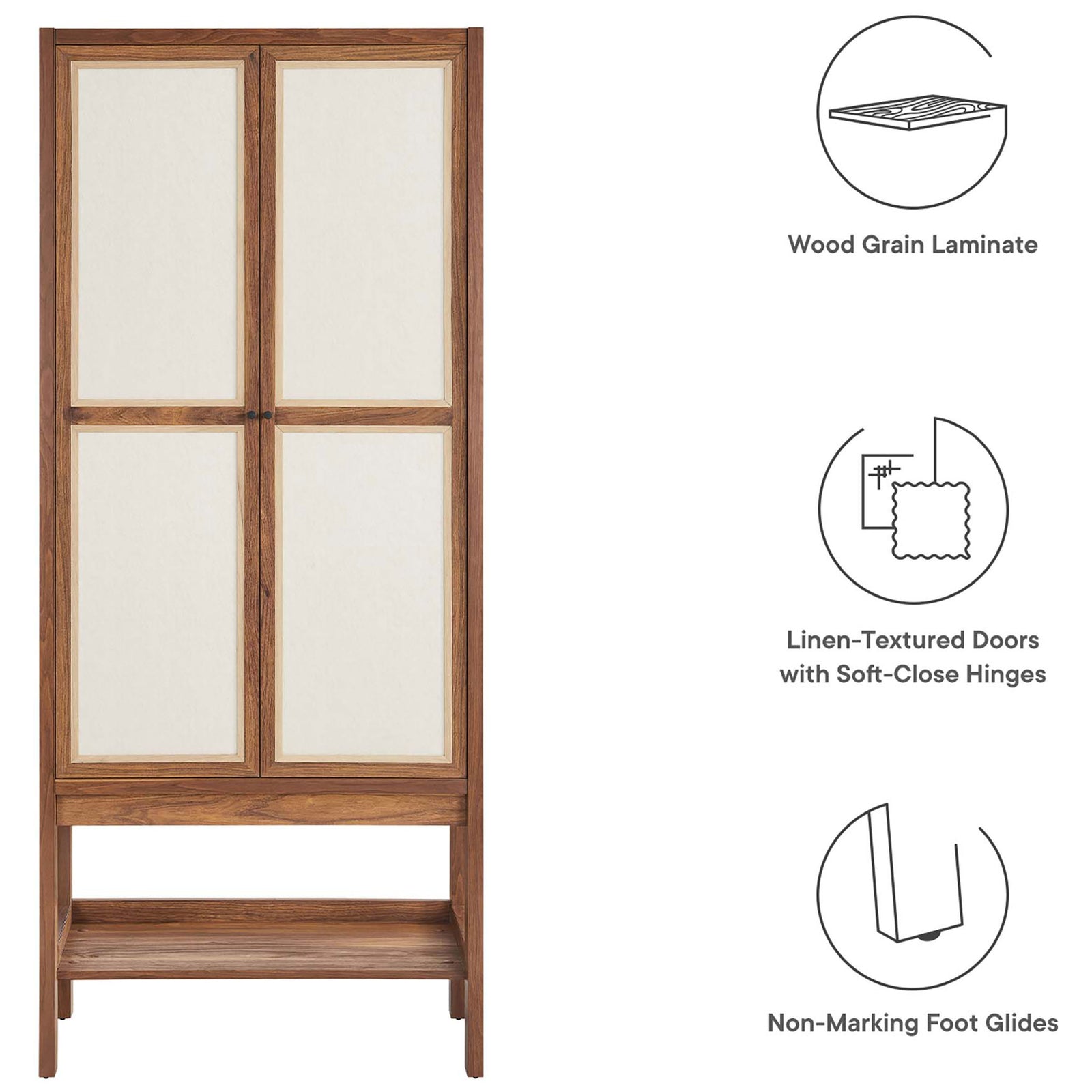 Feature view of Capri cabinet with icons calling out wood grain laminate, linen doors, and floor-safe glides || EEI-6620-WAL || callout_studio