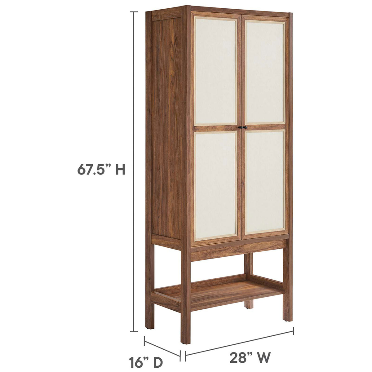 Dimension view of tall Capri cabinet showing 67.5 inch height with 16 inch depth and 28 inch width || EEI-6620-WAL || dimension_studio