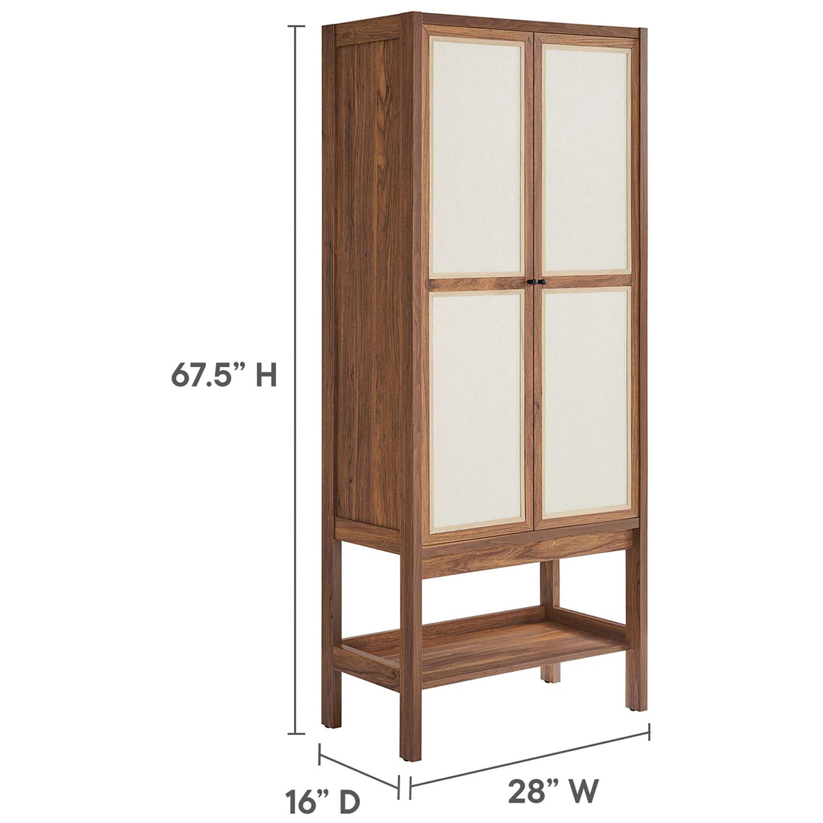 Dimension view of tall Capri cabinet showing 67.5 inch height with 16 inch depth and 28 inch width || EEI-6620-WAL || dimension_studio