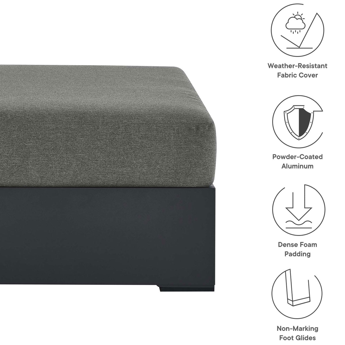 Graphic highlights weather-resistant fabric, powder-coated aluminum, dense foam, and non-marking glides || EEI-6627-GRY-CHA || callout_studio
