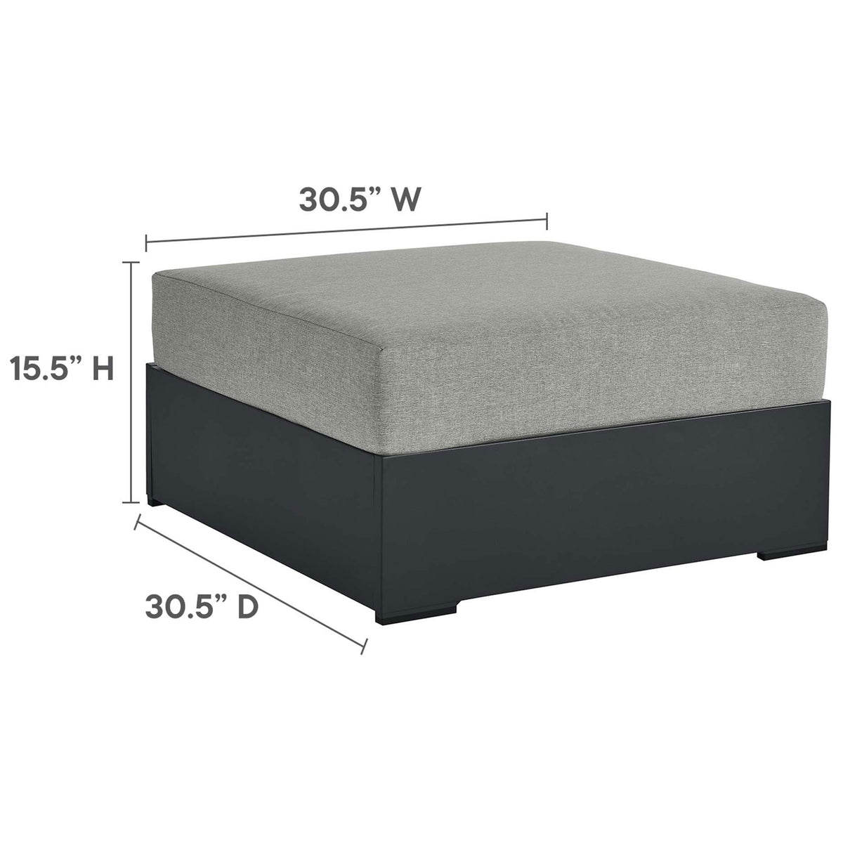 Size diagram for Tahoe gray ottoman listing width, depth, and height measurements || EEI-6627-GRY-GRY || dimension_studio