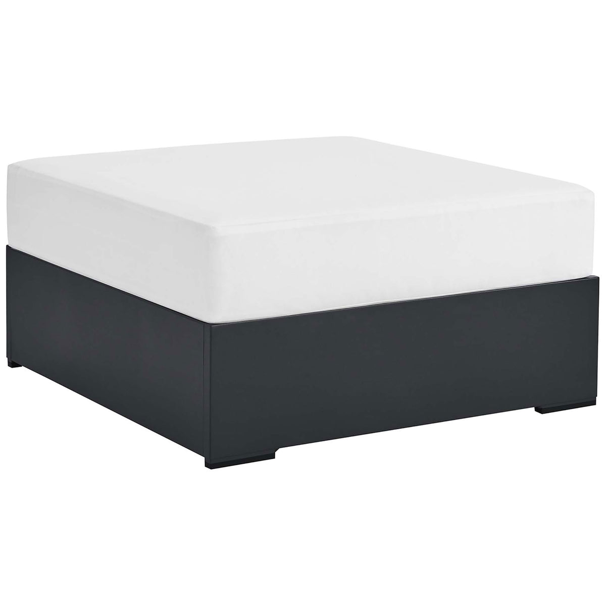 Bright white cushion and clean-lined base bring fresh, modern style to the Tahoe patio ottoman || EEI-6627-GRY-WHI || front_angle_studio