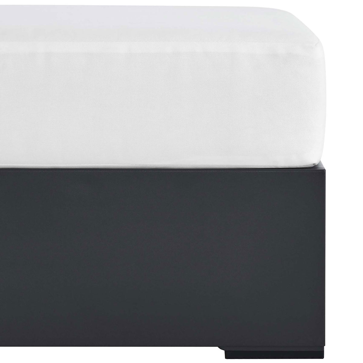 Edge styling shows the tailored white cushion resting neatly on the sturdy aluminum frame || EEI-6627-GRY-WHI || detail_studio