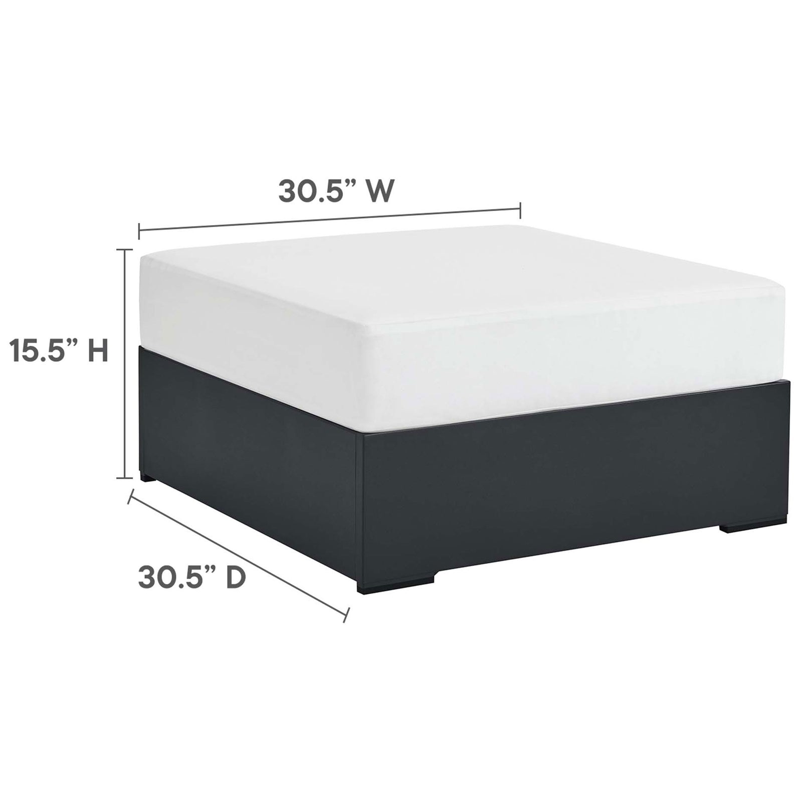 Measurement illustration for Tahoe white ottoman marking overall width, depth, and height || EEI-6627-GRY-WHI || dimension_studio
