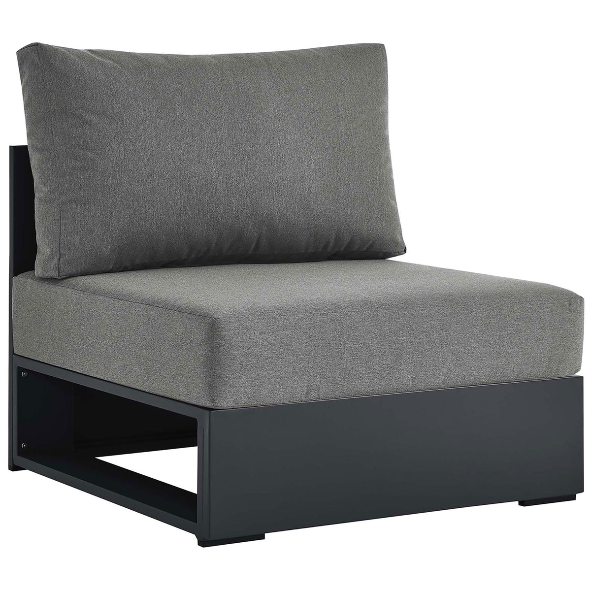 Charcoal gray outdoor armless chair with plush cushions and powder coated aluminum base for modern patio comfort || EEI-6628-GRY-CHA || front_angle_studio