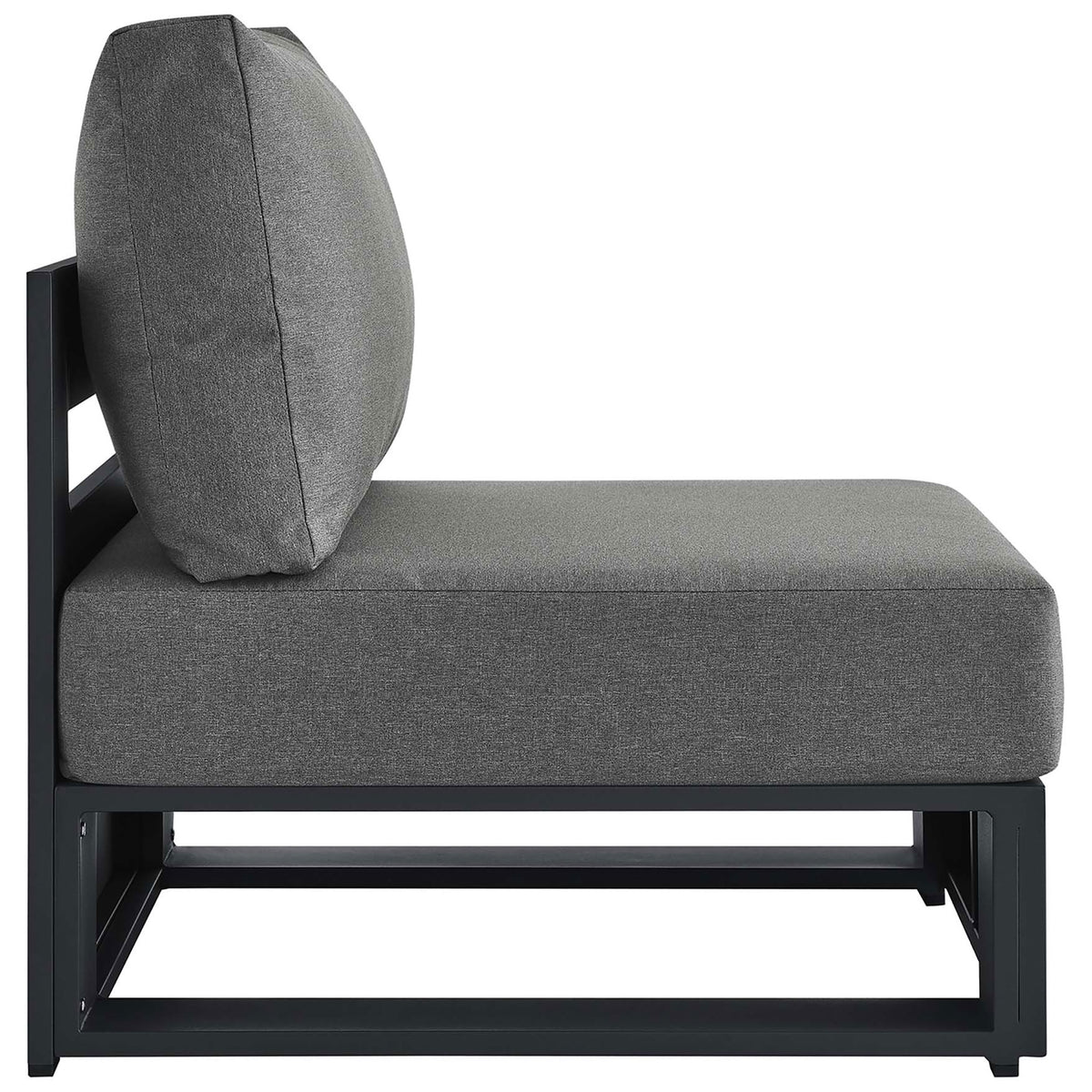 Tahoe armless chair with deep charcoal seat cushion and open powder coated aluminum base for relaxed lounging || EEI-6628-GRY-CHA || side_studio