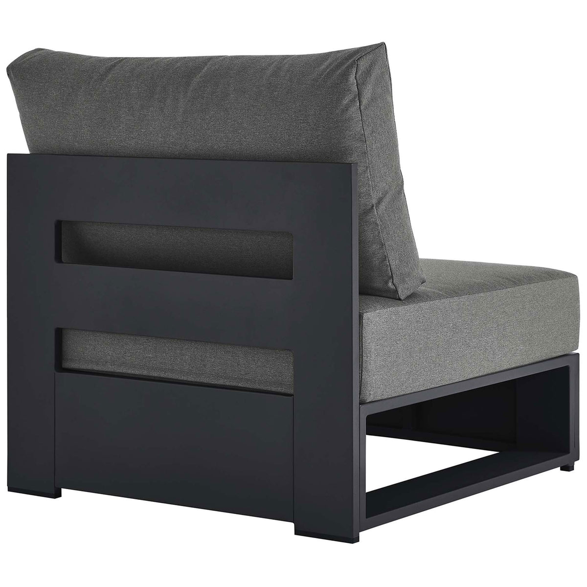 Outdoor armless chair with wide slatted aluminum backrest and charcoal cushions for sleek contemporary style || EEI-6628-GRY-CHA || back_angle_studio