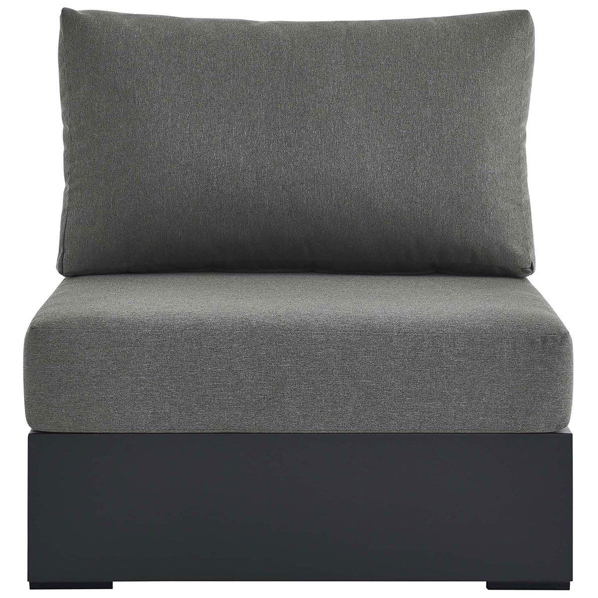 Charcoal outdoor armless chair with thick seat and back cushions on a clean lined aluminum platform base || EEI-6628-GRY-CHA || front_studio