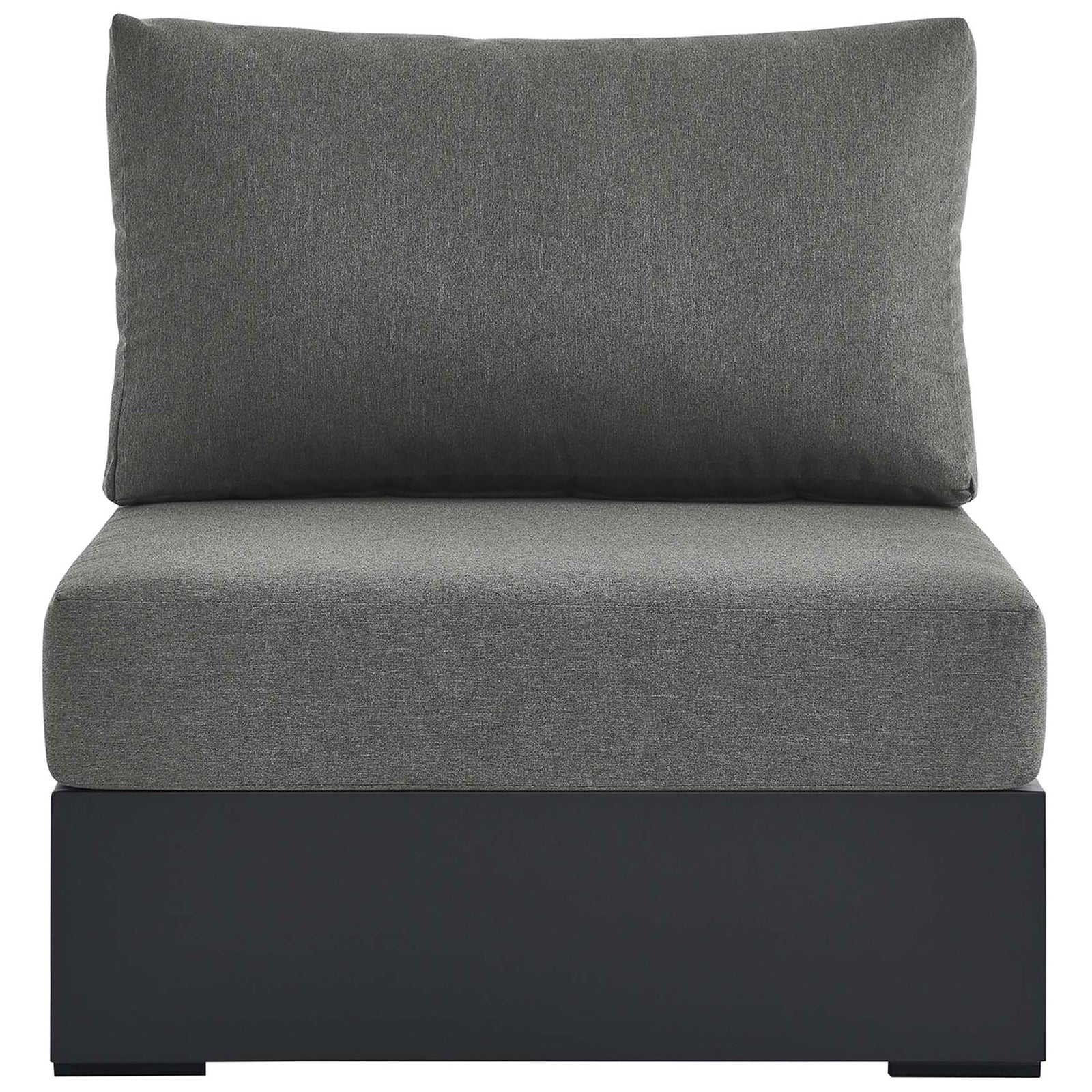Charcoal outdoor armless chair with thick seat and back cushions on a clean lined aluminum platform base || EEI-6628-GRY-CHA || front_studio