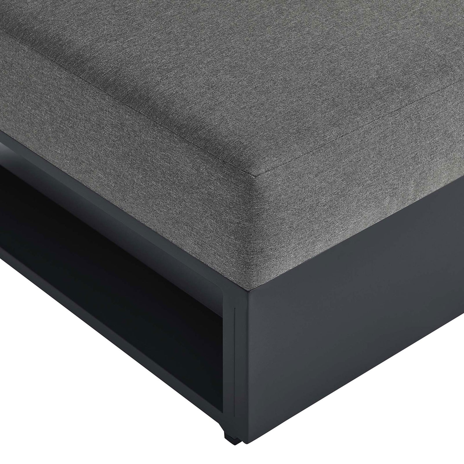 Thick charcoal cushion resting on a smooth powder coated aluminum base for lasting outdoor support || EEI-6628-GRY-CHA || detail_studio