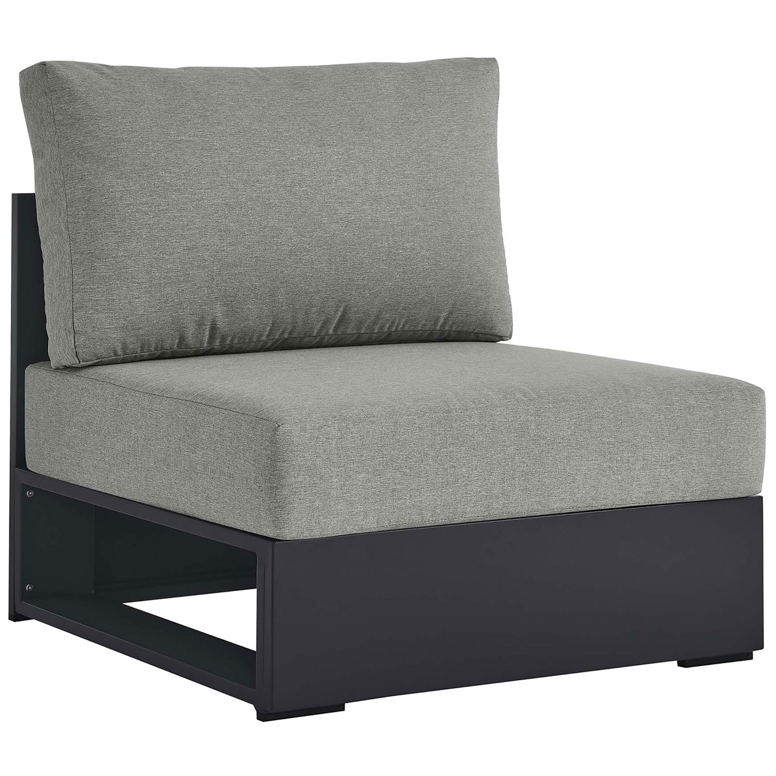 Light gray outdoor armless chair with plush cushions and sleek charcoal aluminum base for versatile seating || EEI-6628-GRY-GRY || front_angle_studio