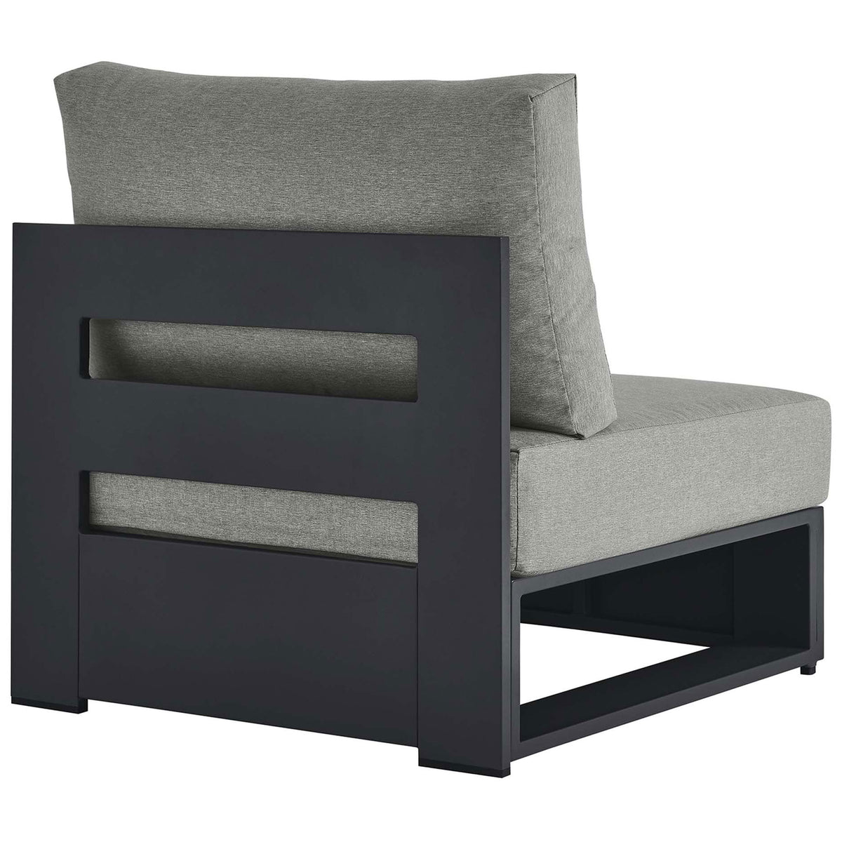 Tahoe armless chair with wide slatted metal backrest and soft light gray cushions for contemporary outdoor style || EEI-6628-GRY-GRY || back_angle_studio
