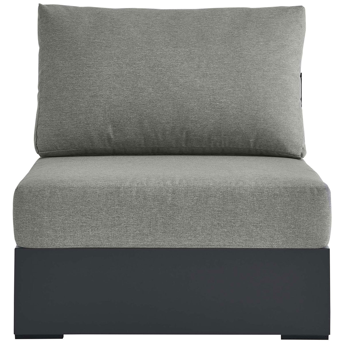 Light gray Tahoe outdoor armless chair with generous cushions on a low powder coated aluminum platform || EEI-6628-GRY-GRY || front_studio