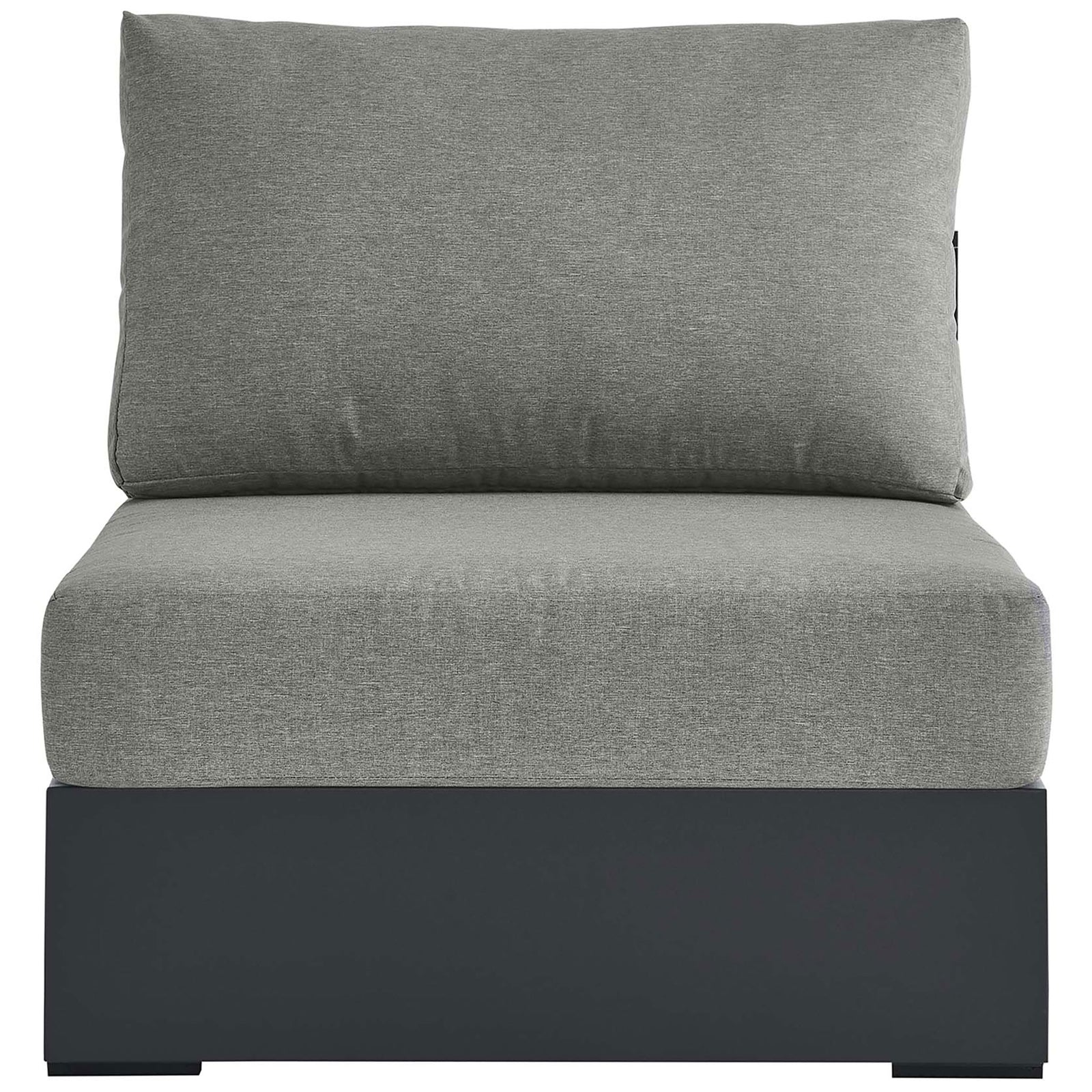 Light gray Tahoe outdoor armless chair with generous cushions on a low powder coated aluminum platform || EEI-6628-GRY-GRY || front_studio